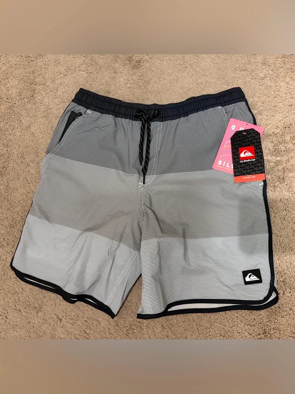 Quiksilver Men’s Black & White Volley Swim Micro-Stripe Boardshorts- MEDIUM